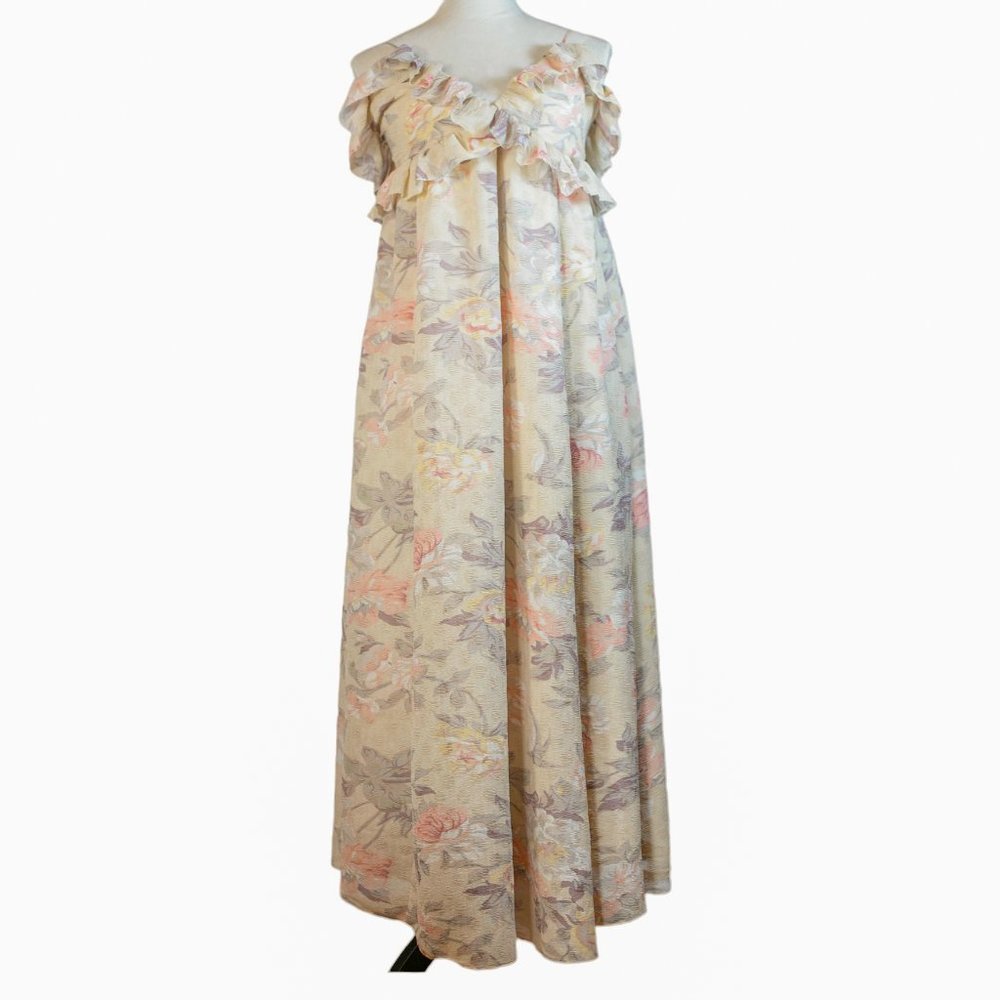 H&M Ruffle Floral Dress Spaghetti Straps Light Beige  Romantic Maxi Size M